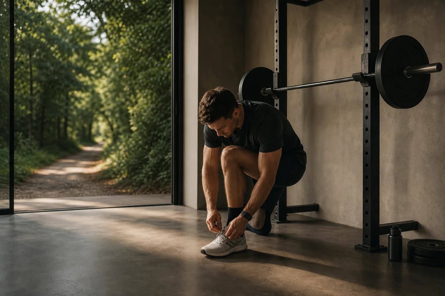 An athlete preparing to run beside a barbell training station