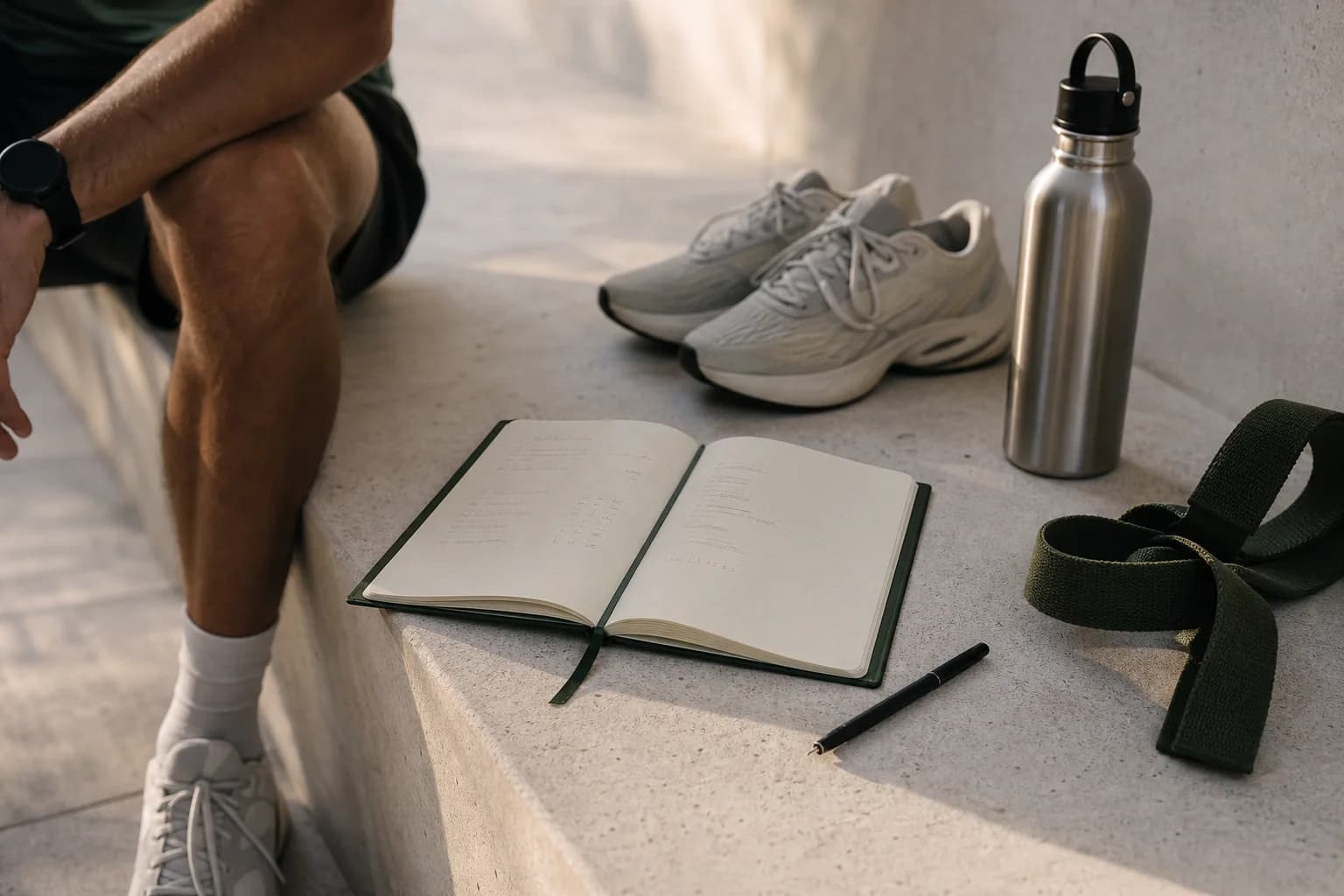 An athlete reviewing a workout log after training, with running shoes and lifting straps nearby