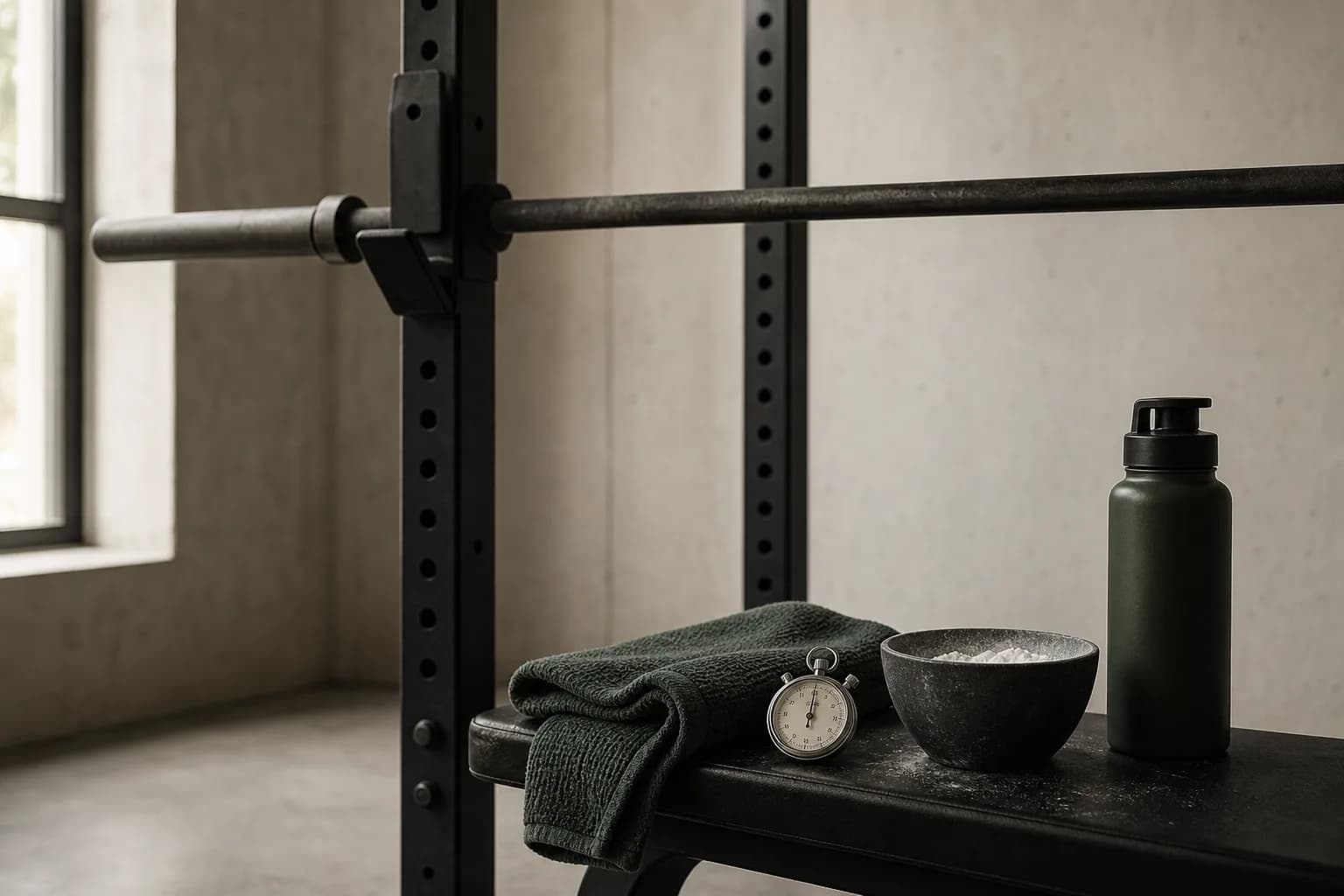 A stopwatch, towel, chalk, and water beside a quiet squat rack