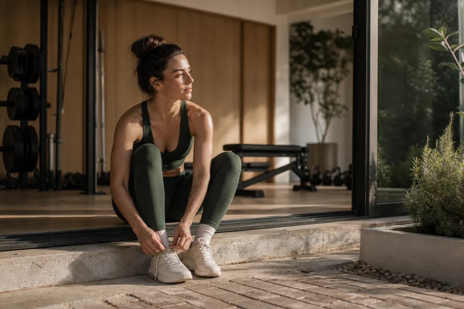 An athlete tying her shoes at the threshold of a training studio