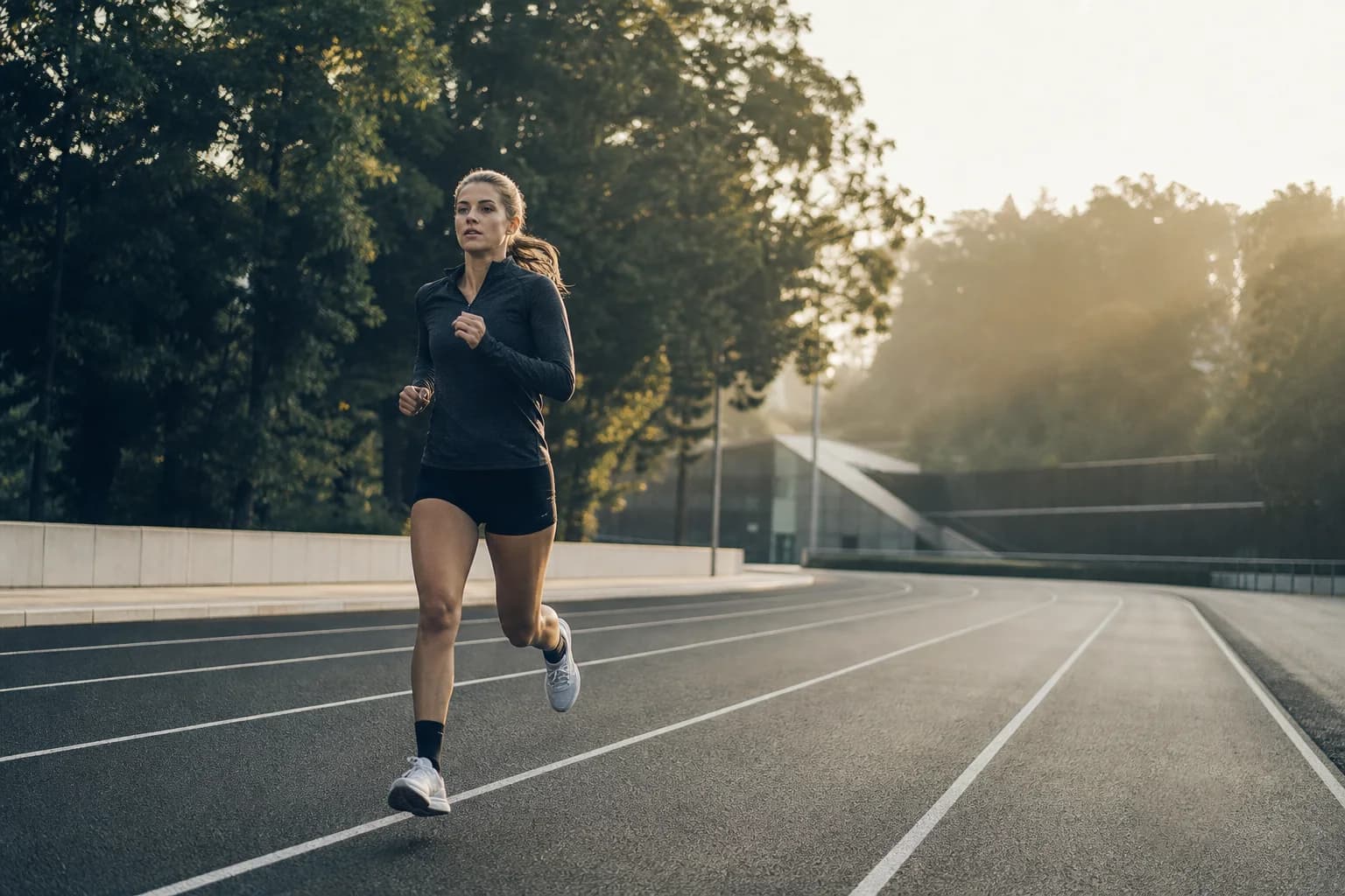A runner training on a quiet track at sunrise