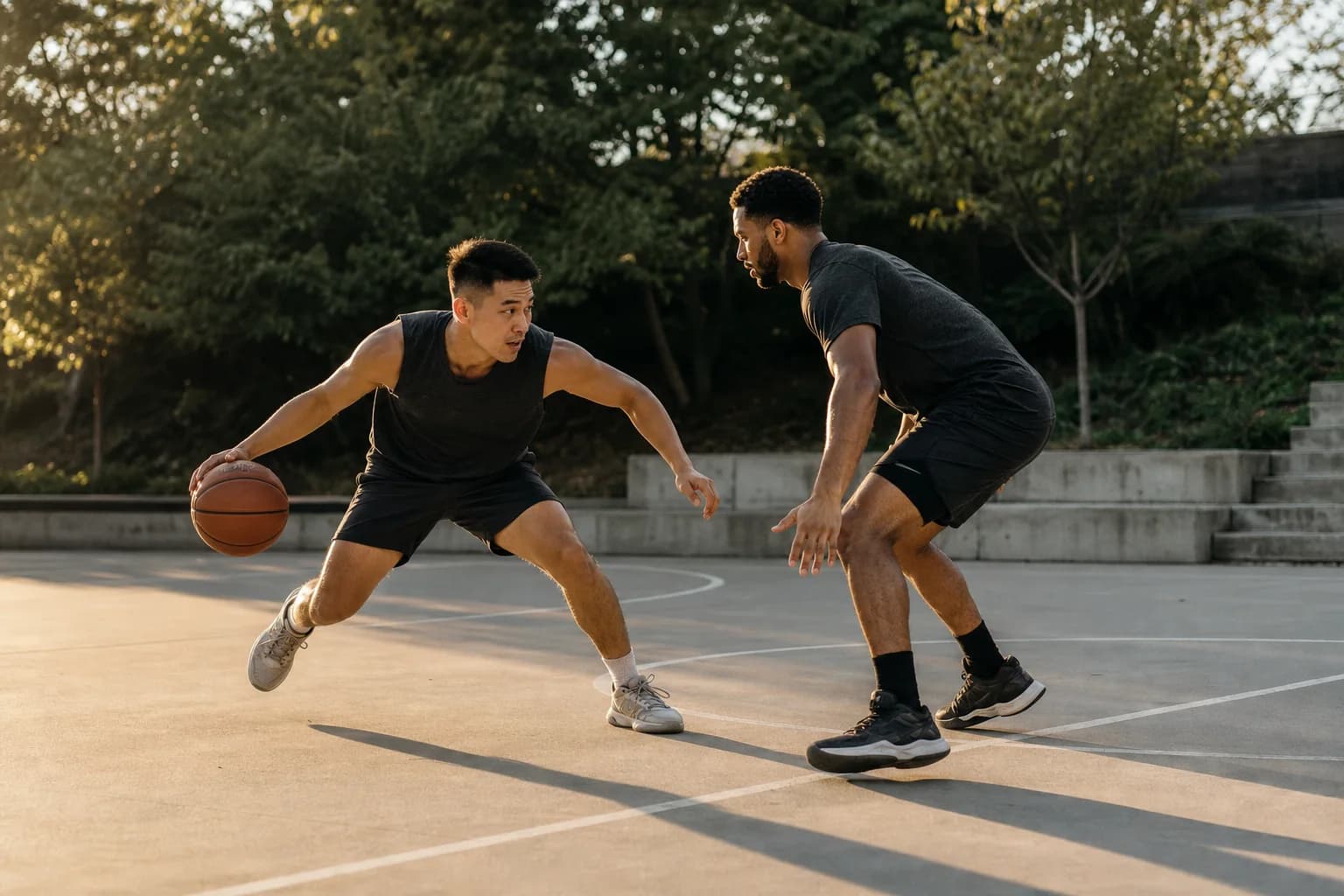 Two athletes training on an outdoor basketball court
